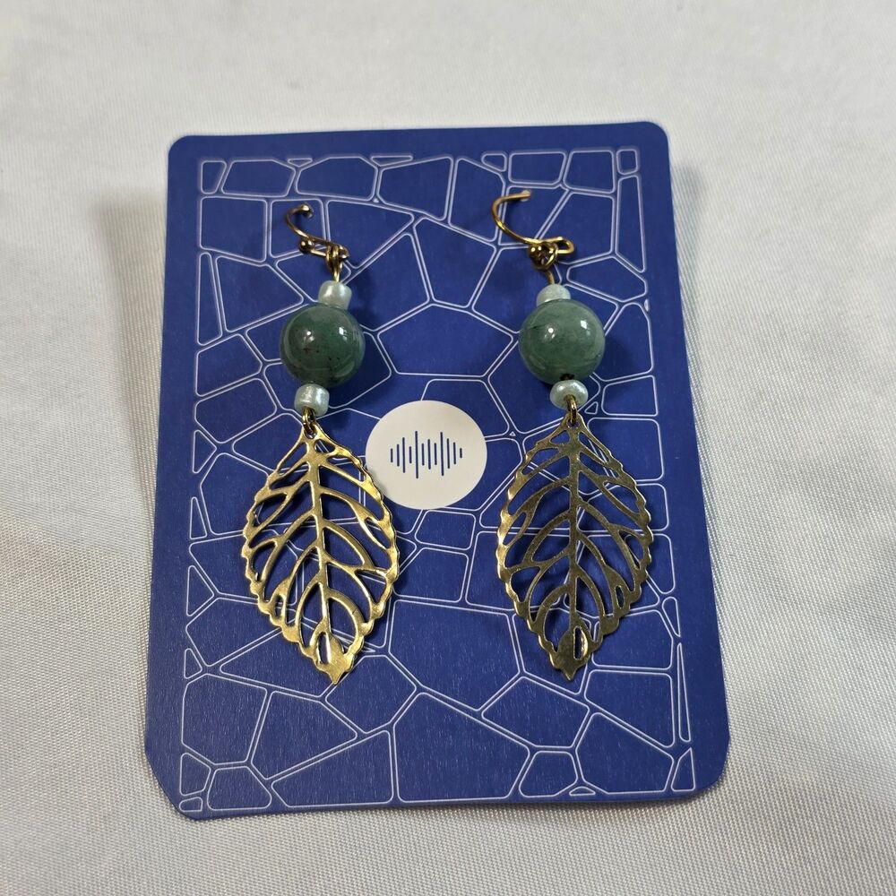 Boho Gold Filigree Leaf Earrings with Green Round Beads Drop Dangle